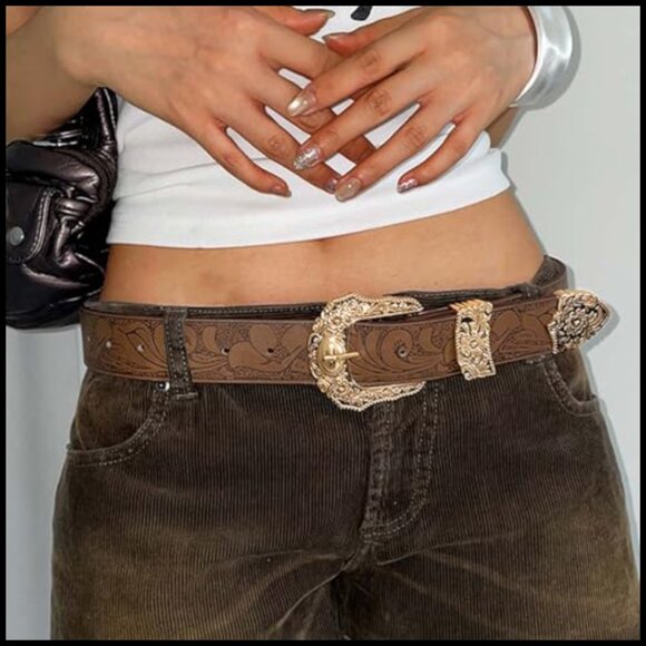 Vintage Western Leather Belt Retro Cowboy Style Adjustable Buckle Waist main image 4
